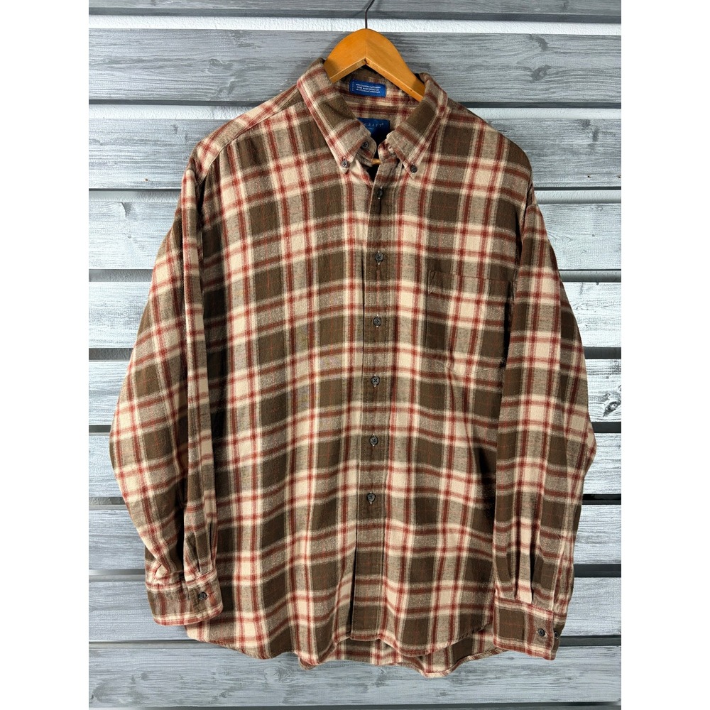 Vintage 90s Towncraft Mens Flannel Shirt L Brown Plaid Cotton Button Down grunge